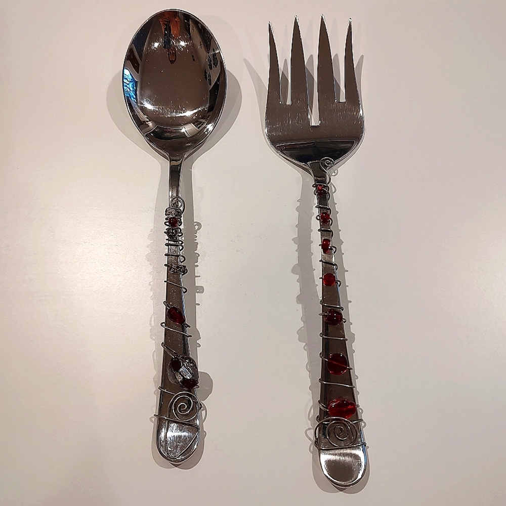 Gourmet Settings Jeweled Serving Spoon and Fork Party Red Stone